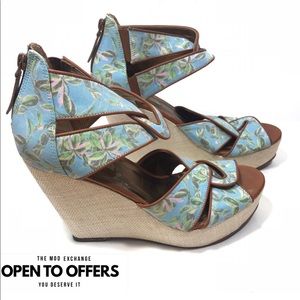 Cynthia Vincent Floral Wicker Strap Wedge Sandals